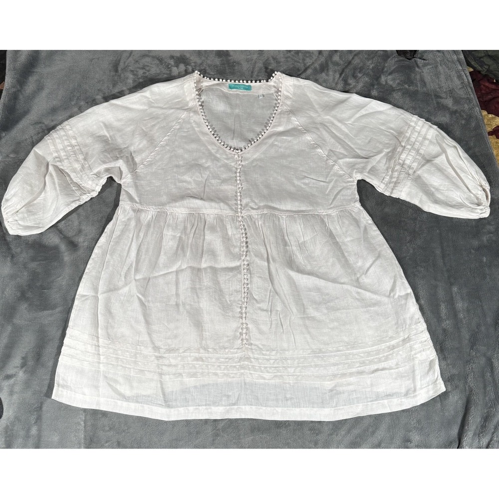 Haris Cotton Curve Blouse Womens L White Linen V-Neck Tunic Pom Pom Trim